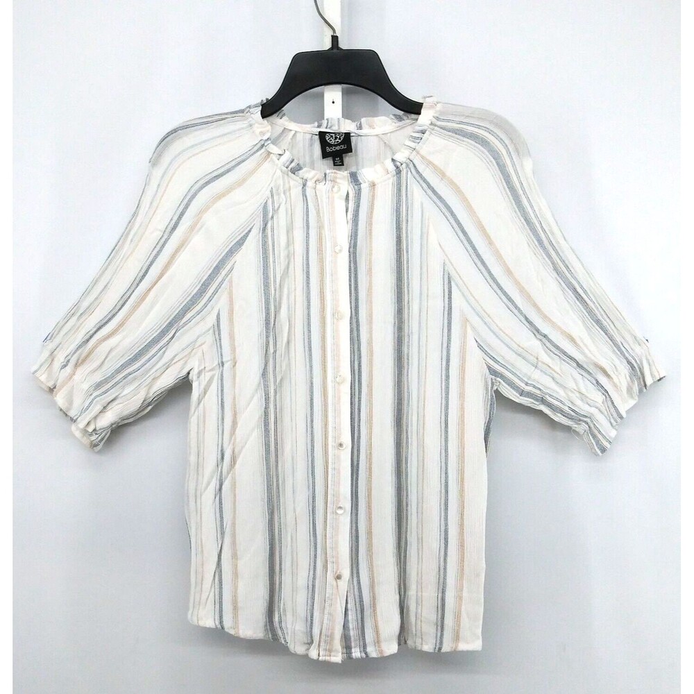 Bobeau Shirt Womens Size M White Striped 3/4 Sleeve Button Up Blouse Top